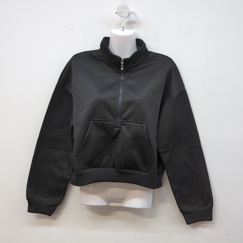Shein Solid Color Zip Up Stand Collar Long Sleeve Women's Sweatshirt Large Black